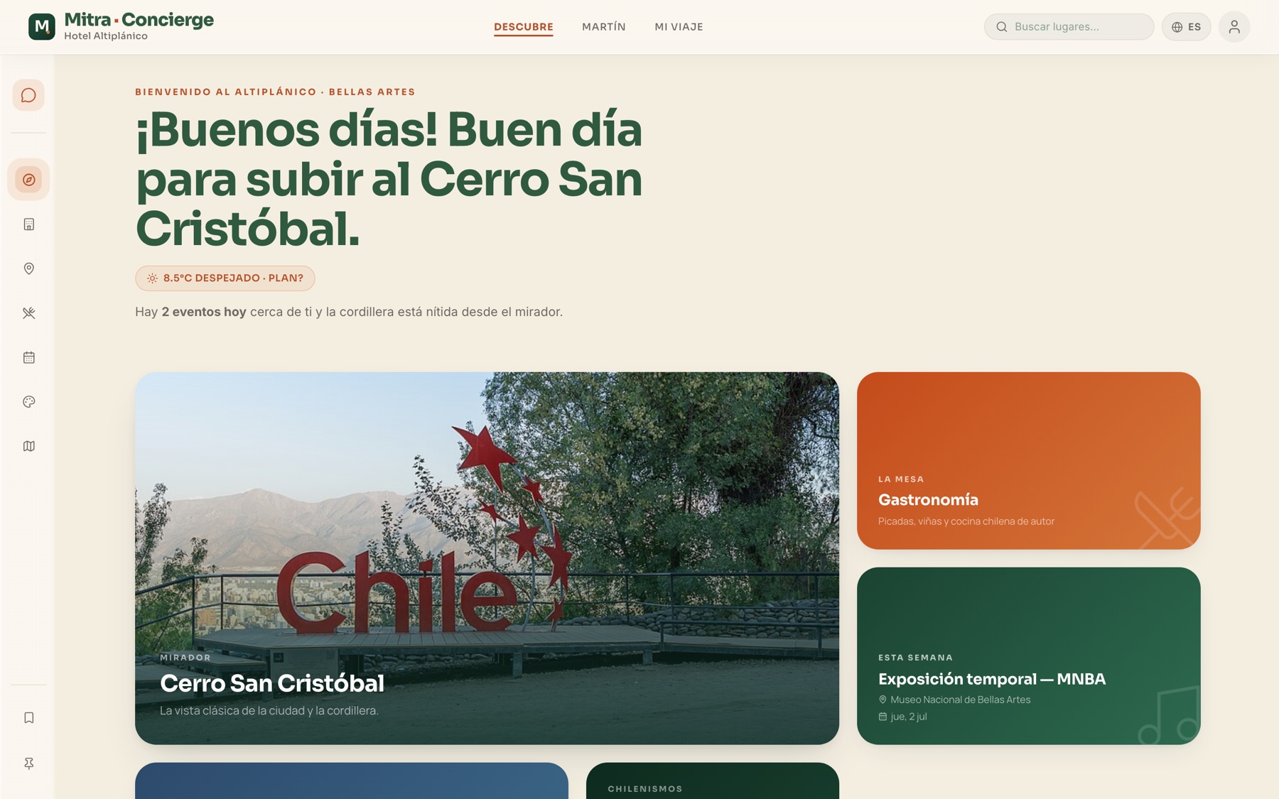 Plataforma Mitra — vista escritorio con saludo contextual, clima y eventos del barrio