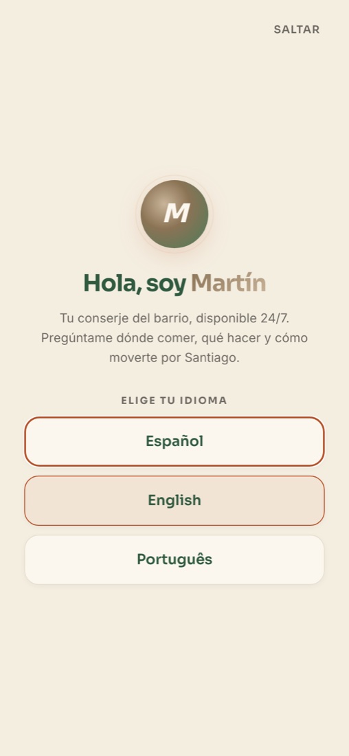 Vista móvil: bienvenida del conserje con selección de idioma